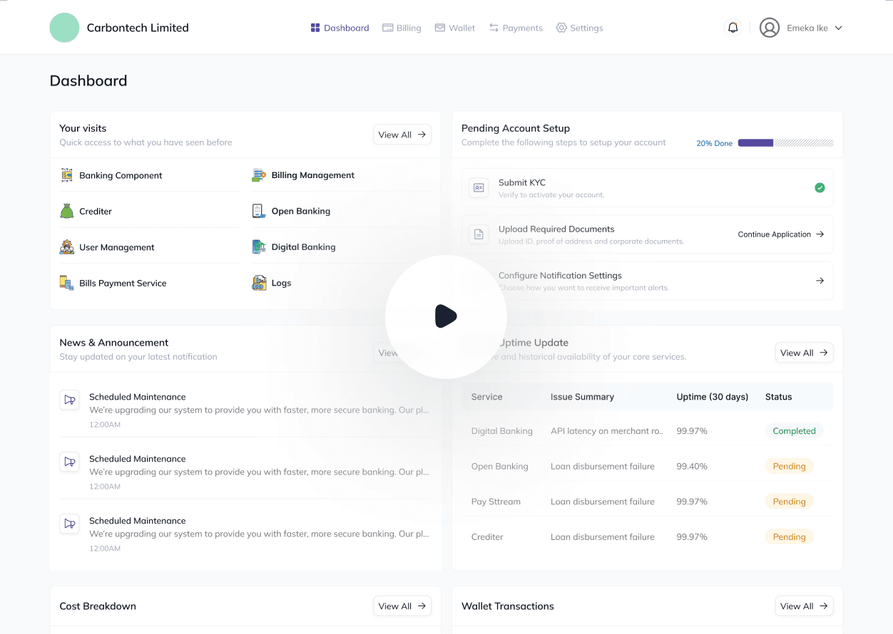Banking Component financial stack dashboard preview